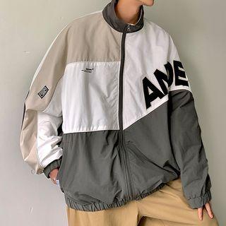Color Block Lettering Applique Zip Jacket