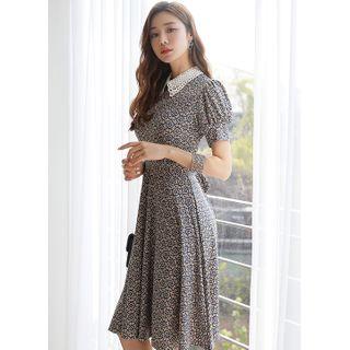 Lace-collar Patterned Midi Flare Dress