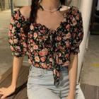 Short-sleeve Floral Print Blouse Pink & Black - One Size