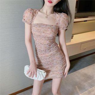 Short-sleeve Floral Print Slim-fit Dress