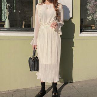 Long-sleeve Ruffle Midi A-line Pleated Dress