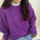 Long-sleeve Plain Knit Top Purple - One Size