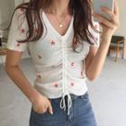 Drawstring-front Embroidered Top