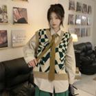Plain Shirt / Geometric Pattern Sweater Vest