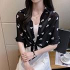 Elbow-sleeve Chiffon Heart Print Blouse