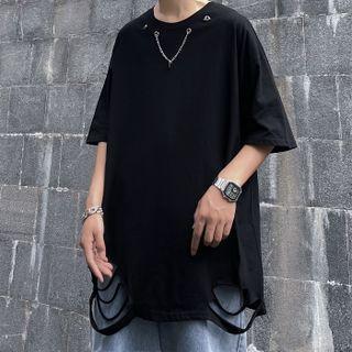 Couple Matching Short Sleeve Chain Accent Distressed T-shirt