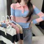 Long-sleeve Striped Knit Crop Polo Shirt