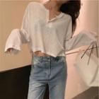 Long-sleeve Buttoned Placket Cropped T-shirt