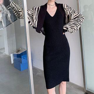 Zebra Print Cardigan / Ribbed Knit Dress