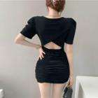 Puff-sleeve Open-back Shirred Bodycon Dress Black - One Size