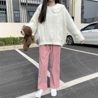 Crewneck Striped Sweater / Corduroy Straight-cut Pants
