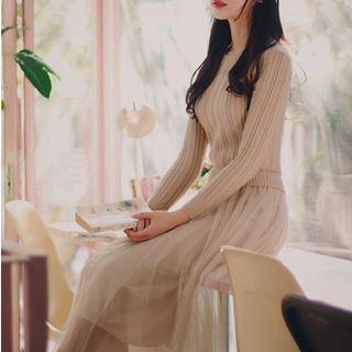 Gathered-waist Crewneck Knitted Sweater Panel Mesh Sheath Dress