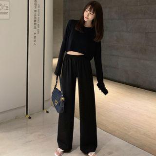 Plain Long-sleeve T-shirt / High-waist Wide-leg Pants