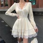 Long-sleeve Lace Ruffle Mini A-line Knit Dress