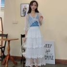 Elbow-sleeve Tie-front Blouse / Crochet Trim Midi A-line Skirt