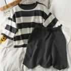 Set: Striped Loose-fit Crop T-shirt + Wave-hem Plain Shorts