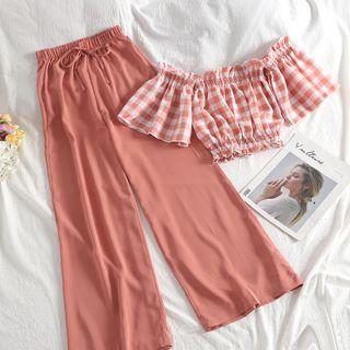 Set: Off-shoulder Gingham Cropped Top + Wide Leg Pants
