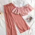 Set: Off-shoulder Gingham Cropped Top + Wide Leg Pants