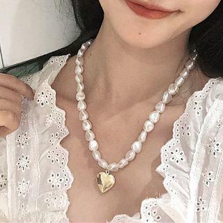 Alloy Heart Pendant Faux Pearl Necklace White & Gold - One Size