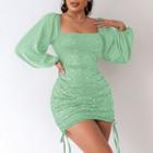 Puff-sleeve Sequined Drawstring Bodycon Dress