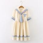 Short-sleeve Sailor Collar A-line Dress Beige - One Size