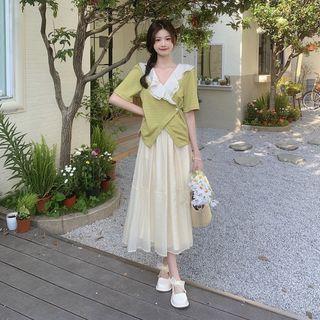 Short-sleeve Asymmetrical Ruffled Wrap Blouse / Midi A-line Skirt