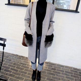 Detachable Faux-fur Open-front Long Cardigan