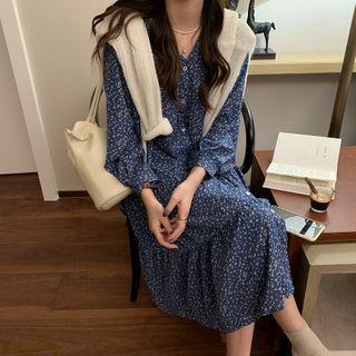 Floral V-neck Button Midi A-line Dress