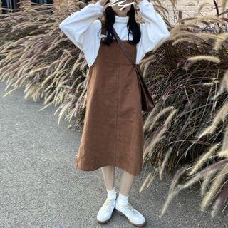 Turtleneck Sweatshirt / Midi A-line Overall Dress