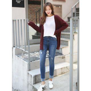 Set: Rib-knit Cardigan + Distressed Slim-fit Jeans