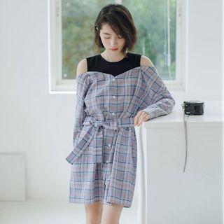 Mock Two-piece Plaid Mini Shirtdress Plaid - Blue - One Size