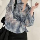 Long-sleeve See-through Print Shirt / Plain Irregular Skirt