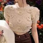 Short-sleeve Floral Accent Knit Crop Top Almond - One Size