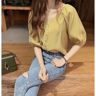 V-neck Short-sleeve Plain Blouse
