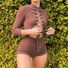 Long-sleeve Cutout Lace-up Knit Romper