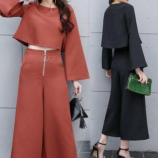 Set : Boot-cut Chiffon Top + Wide Leg Pants