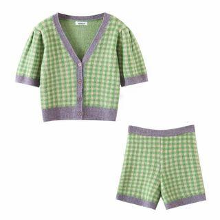 Set: Short-sleeve Plaid Knit Top + Shorts Set Of 2 - Top - Green - One Size / Shorts - Green - One Size