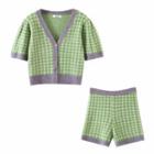 Set: Short-sleeve Plaid Knit Top + Shorts Set Of 2 - Top - Green - One Size / Shorts - Green - One Size