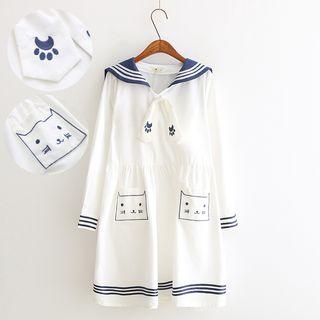 Cat Embroidered Sailor Collar Short-sleeve Dress