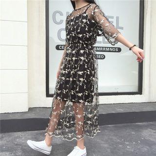 Set: Flower Embroidered Elbow Sleeve Mesh Dress + Slipdress