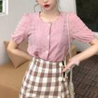 Short Sleeve Plain Blouse / Checked Skirt