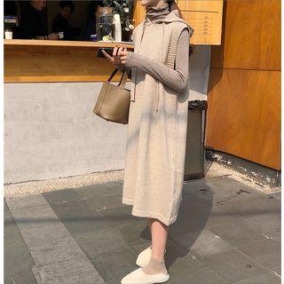 Hooded Long Knit Vest / Long-sleeve Knit Top