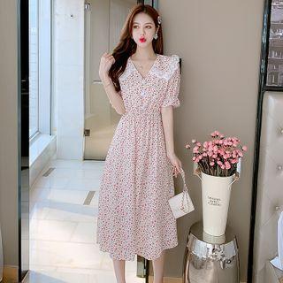 Puff-sleeve Lace-trim Floral Dress