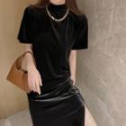 Short-sleeve Midi Shift Velvet Dress Black - One Size