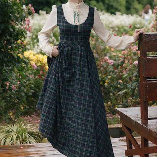 Mock Two-piece Long-sleeve Plaid Floral Embroidered Midi A-line Dress
