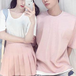 Couple Matching High Waist Pleated Skirt / Plain Shorts / Short-sleeve T-shirt