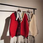 Buttoned Knit Vest / Long-sleeve Striped Dress / Set