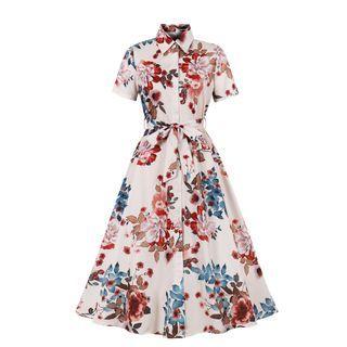 Short-sleeve Floral A-line Midi Shirt Dress