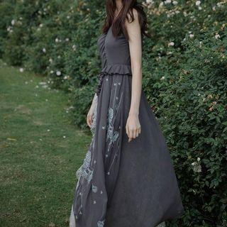 Spaghetti Strap Unicorn Print Ruffled Midi Dress