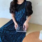 Spaghetti Strap Floral Midi A-line Dress / Puff-sleeve Top